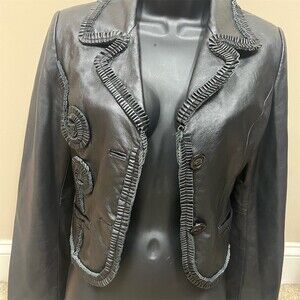 The Leather Company New York Blazer Jacket Womens M Black Ruffle Trim